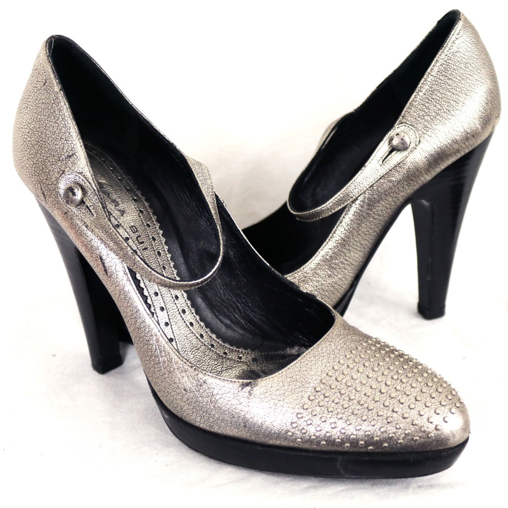 BARBARA BUI Silver Studded Mary Jane Leather Heels